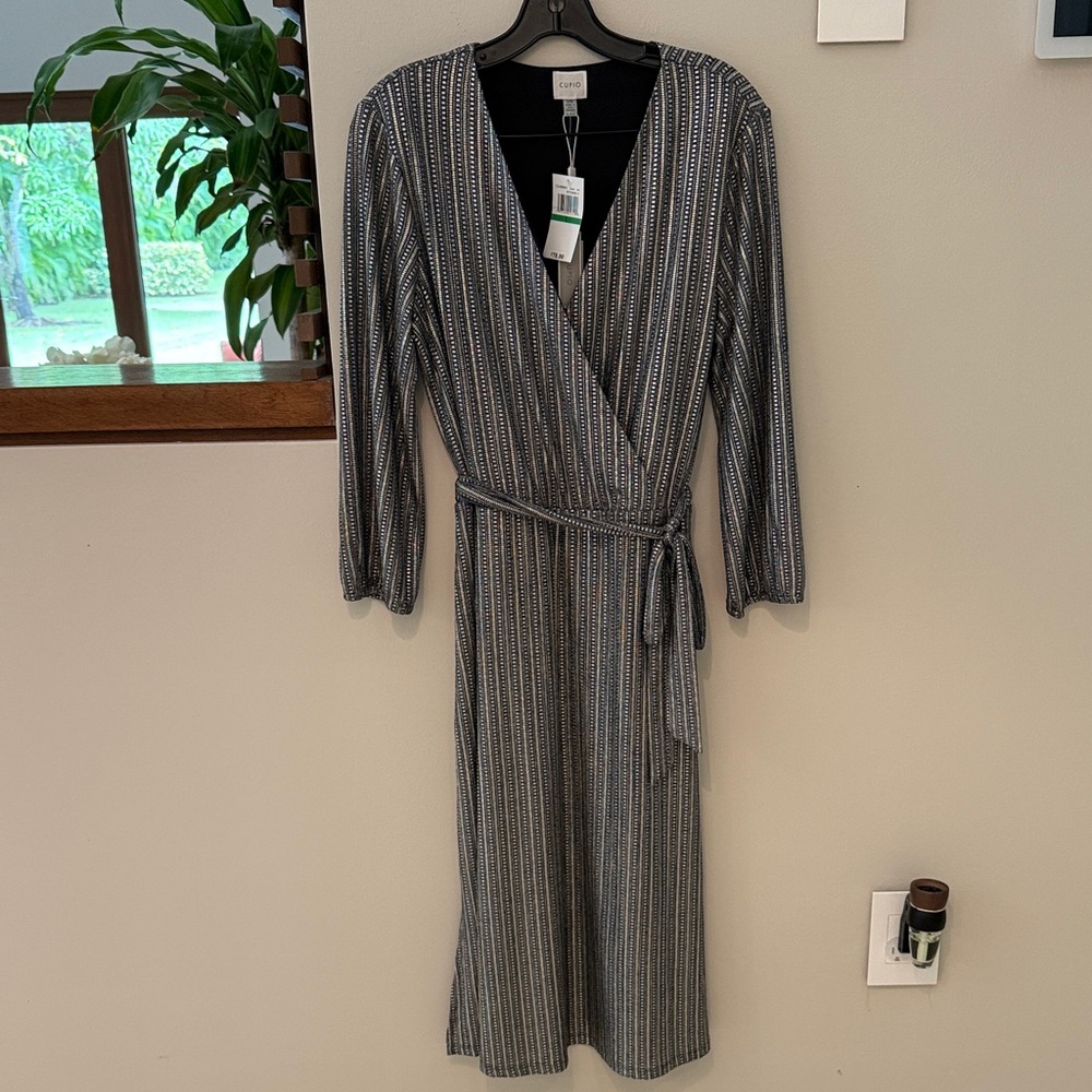 Cupio NEW NWT green grey metallic gold striped lined  Long Sleeve Dress v neck L